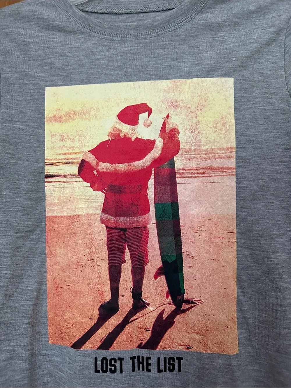 Old Navy 10-12 Grey Long-Sleeve Tee with Surfing Santa Graphic